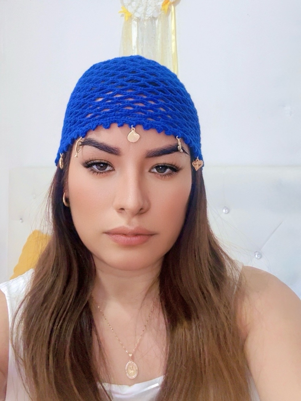 Beautiful Boho Crocheted Royal Blue Net Headscarf with Gold Charm Accents. New